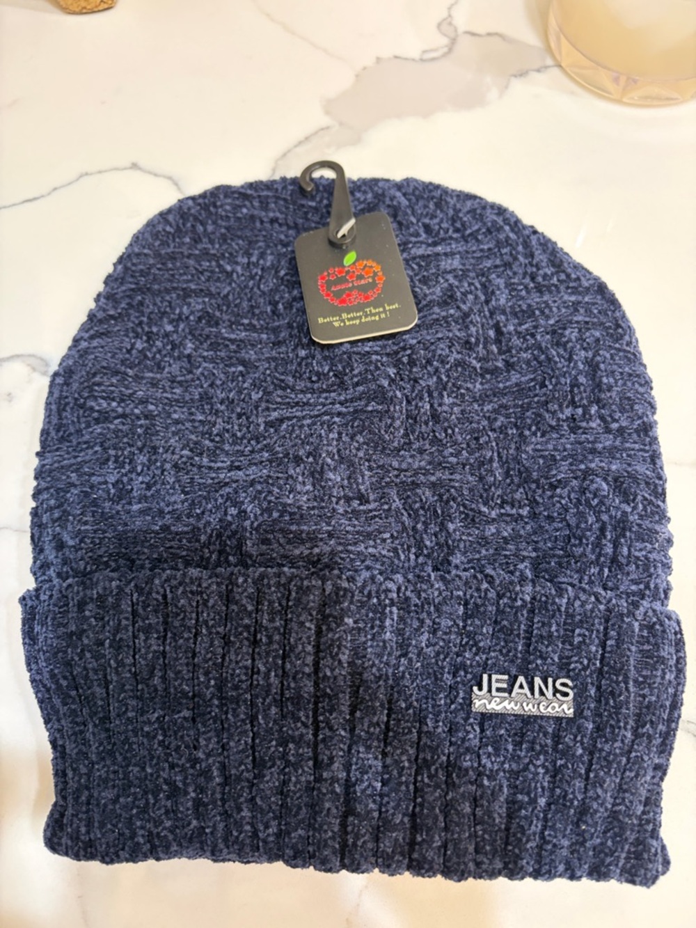 Apple Stars blue beanie with soft fur lining.